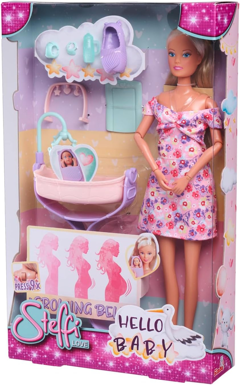 Simba 105733680 Steffi Love Doll Hello Baby (29 cm) - Zwangere pop met groeiende buik, babypop en accessoires - Speelgoed voor kinderen, meisjes en jongens vanaf 3 jaar