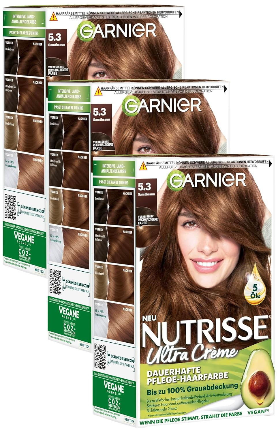 Garnier Nutrisse Permanente Verzorging Haarkleuring met Voedende Fruitoliën 8 Week Hold Kleur Ultra Crème Tint 053 Fluweelbruin (Pack van 3) Naty Shop Haarkleur Standaard Titel