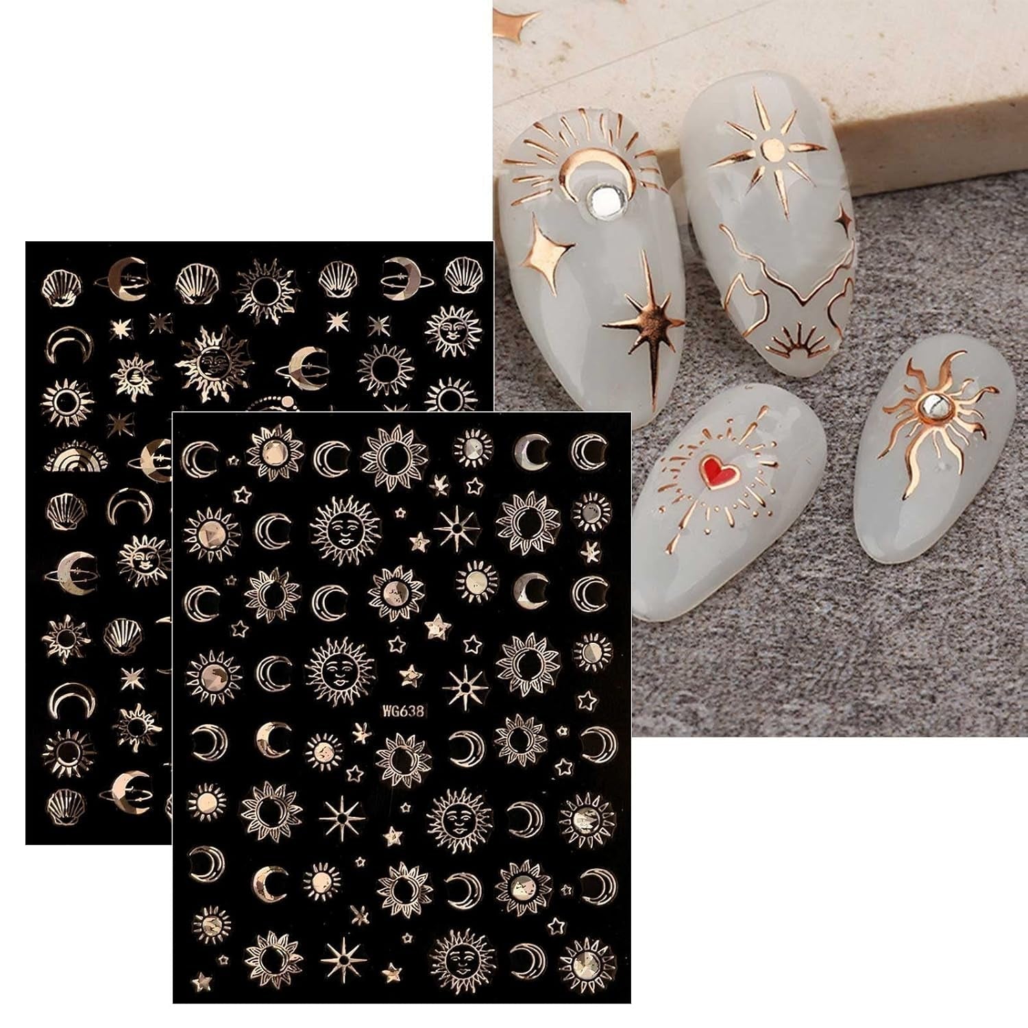 JMEOWIO Nagelsticker Mond Stern Sonne 10 Blatt Nail Art Sticker Selbstklebend Nagelaufkleber Bunt Decoratie Nageldesign Zubehör