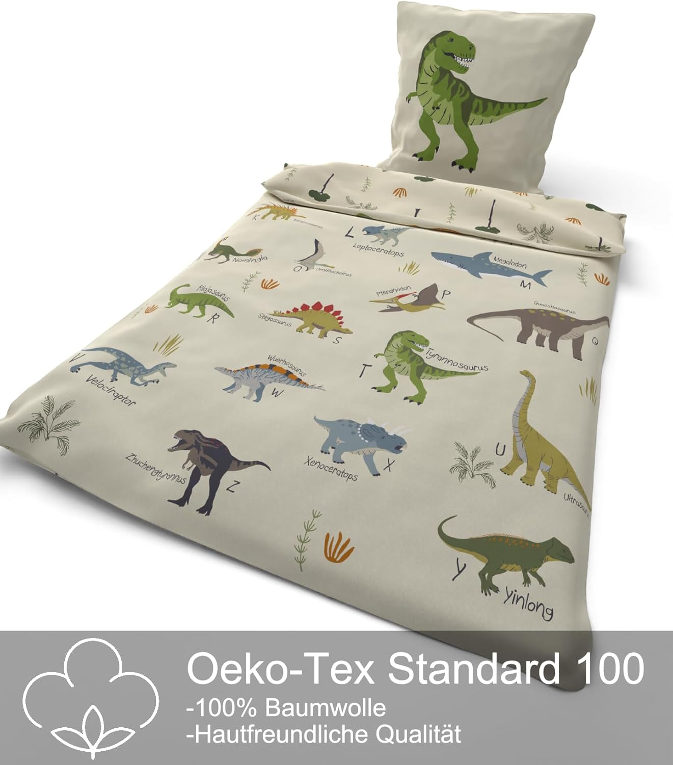Skybrands Dino Bedtuene 135X200 Jungen Bedtuene Dinosaurier Baumwolle 2Tlg Kinder Bedtuene Dinosaurier 135X200 + Tas Naty Shop