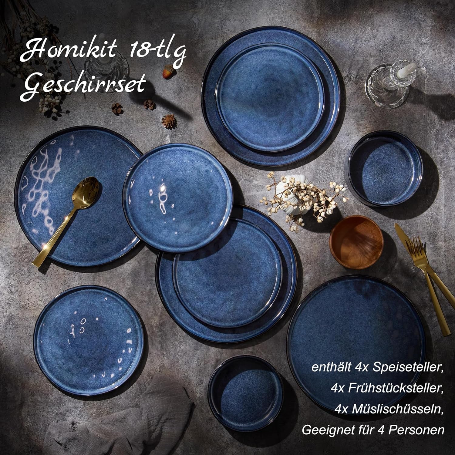 Homikit serviesset, 12-delige serviesset voor 4 personen, serviescombinatie met borden, dessertborden en ontbijtgranenschalen, magnetron- en vaatwasserbestendig, elegant blauw