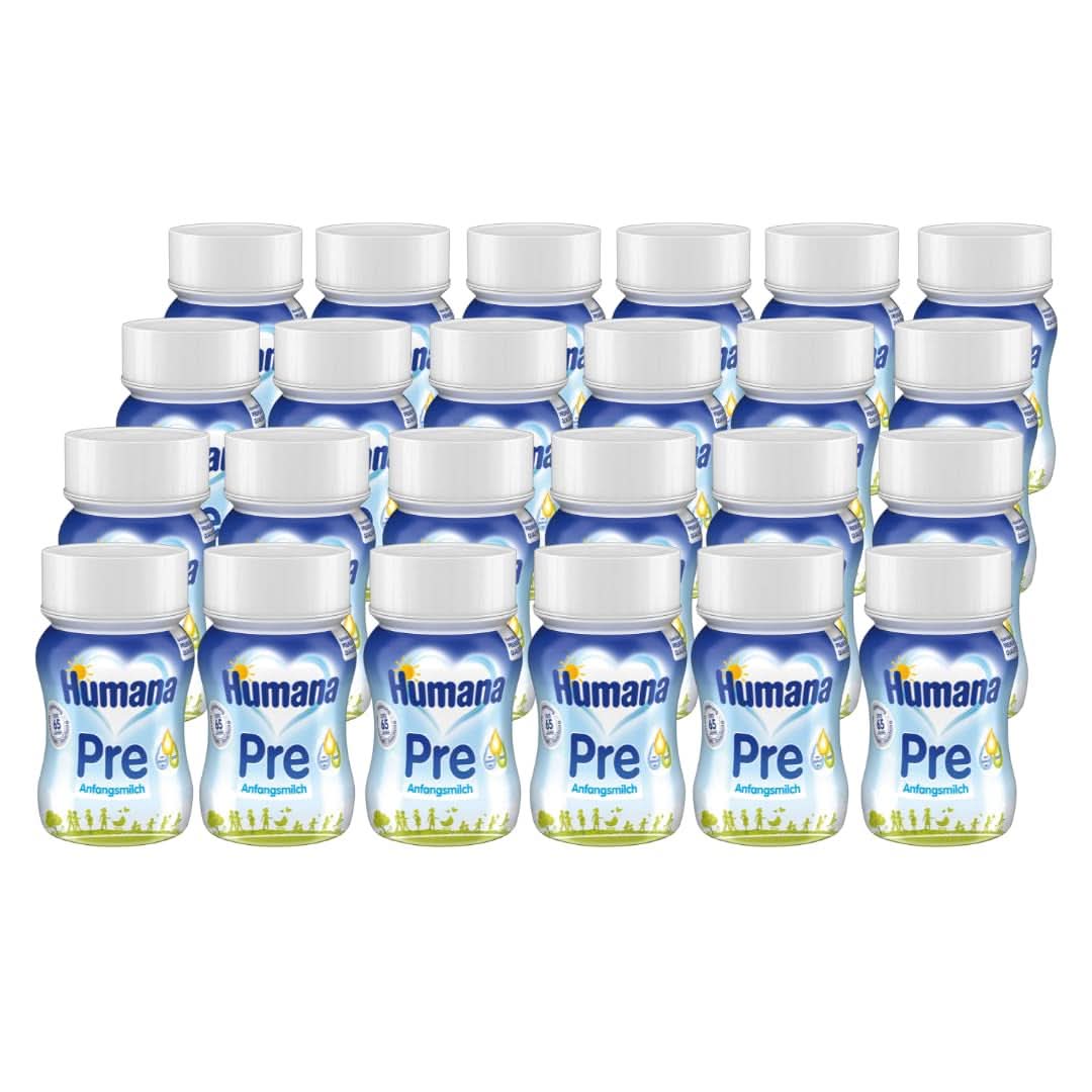 Humana Initial Milk Kant-en-klaar, vanaf de geboorte, Kant-en-klare melk voor zuigelingen, Als aanvulling op moedermelk of als enkelvoudig voorvoedsel, Babyvoeding alleen met DHA en lactose, 24 x 90 ml Naty Shop