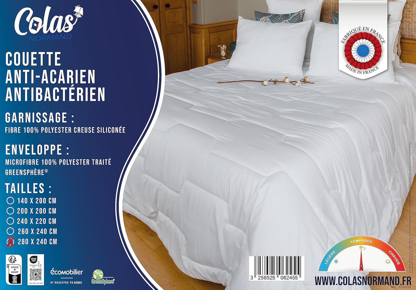 COLAS NORMAND - Dekbed tegen mijten en bacteriën - Gematigd - 280 X 240 Cm - Langdurige werking - Perfecte hygiëne - Microvezel - Zacht en comfortabel - Wasbaar Dekbedden en dekbedden Naty Shop