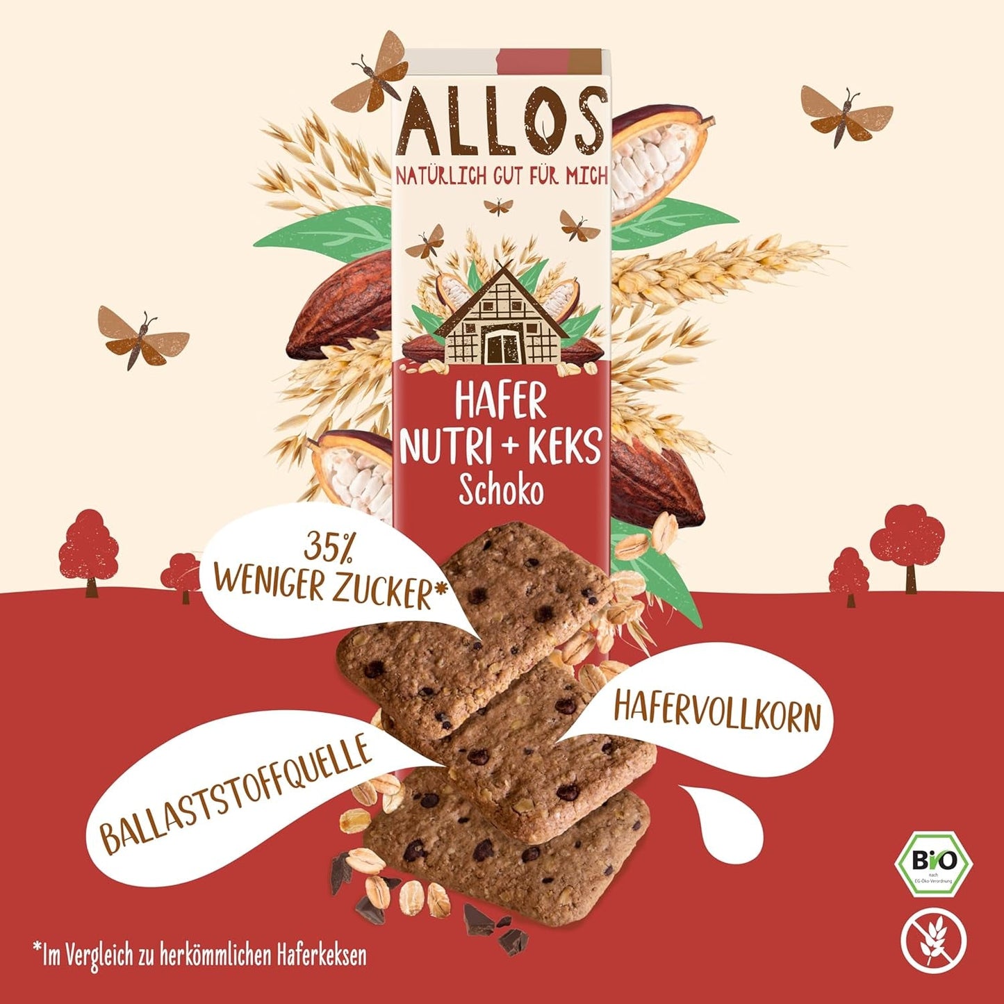 Koekjes met haver en biologische chocolade Allos | Krokant volkoren chocoladekoekje | Zoeten met honing 6 x 130 g