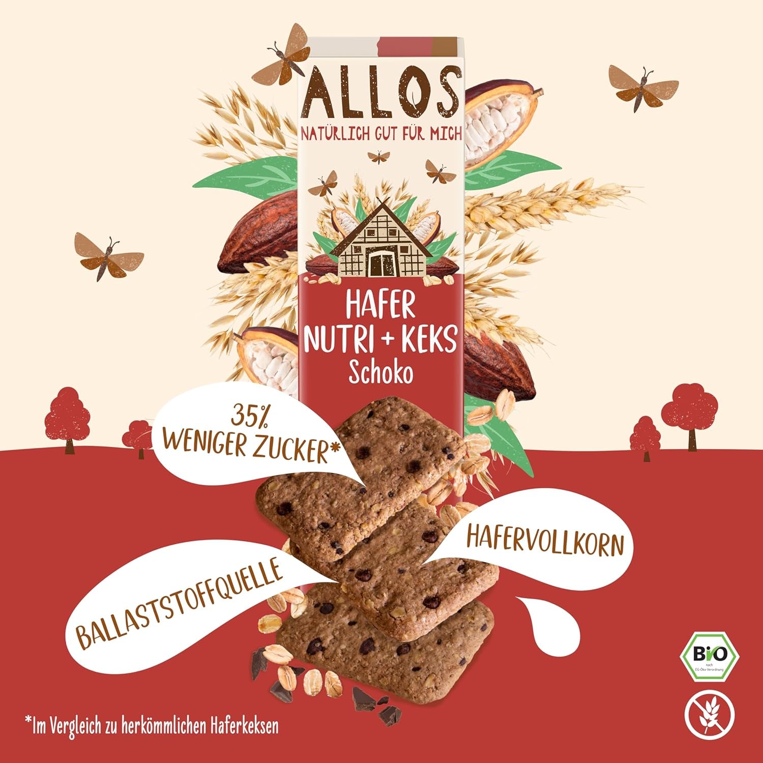 Koekjes met haver en biologische chocolade Allos | Krokant volkoren chocoladekoekje | Zoeten met honing 6 x 130 g