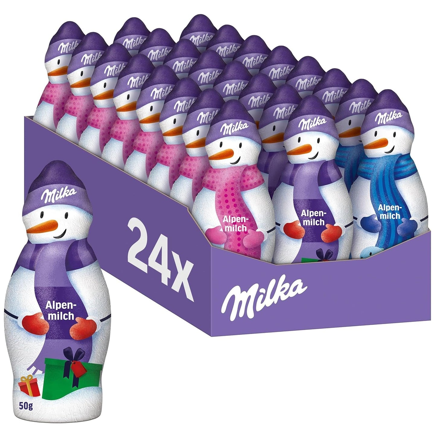 Milka Sneeuwman Alpenmelk - Groot pakket chocoladesneeuwmannenfiguren in 3 modellen - 24 x 50 g