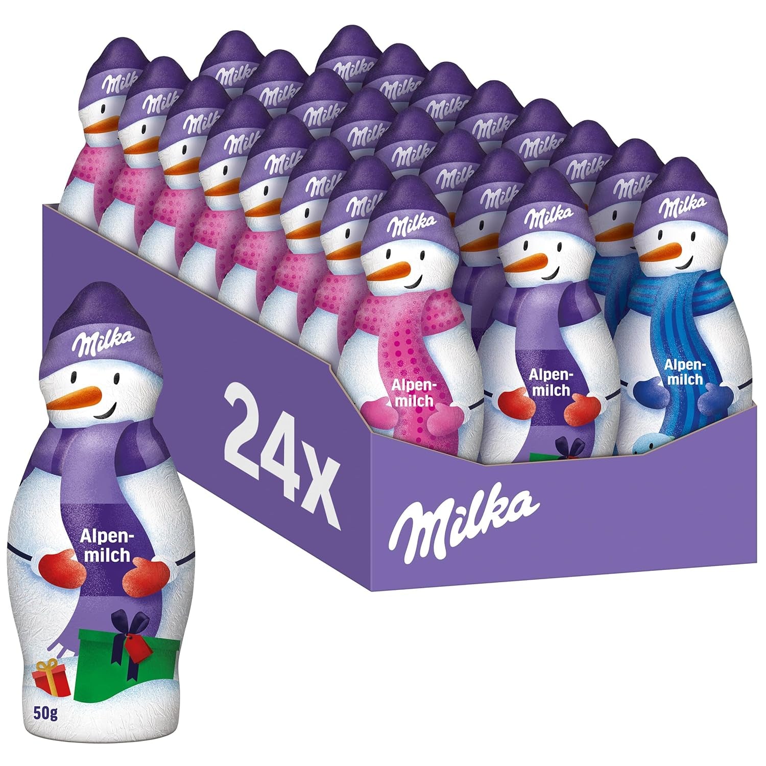 Milka Sneeuwman Alpenmelk - Groot pakket chocoladesneeuwmannenfiguren in 3 modellen - 24 x 50 g