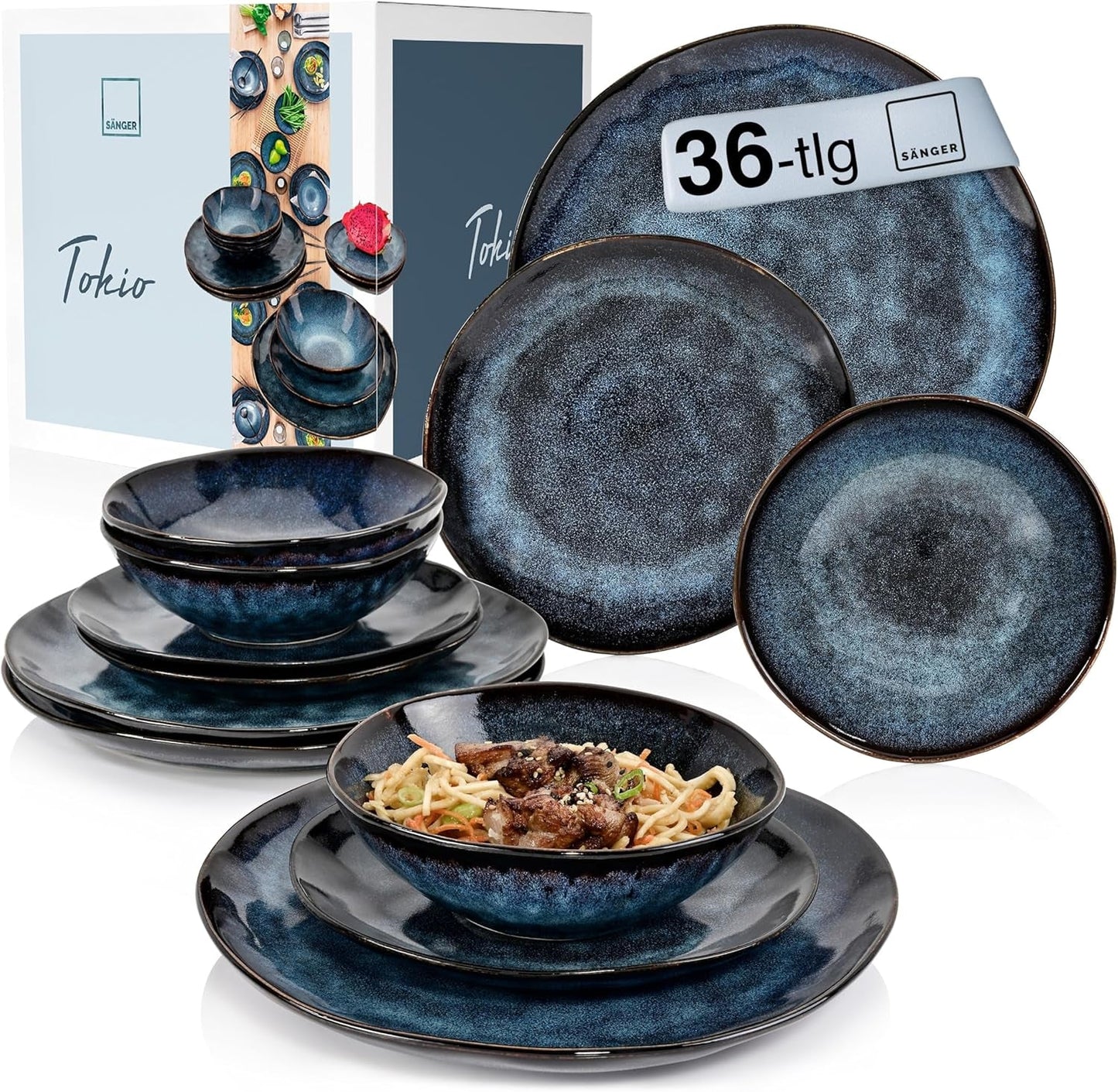 Zanger | Tokyo 36-delige serviesset 12-persoons porseleinen serviesset Modern handgemaakt donkerblauw servies met zwarte accenten | DE PREMIUM COLLECTIE