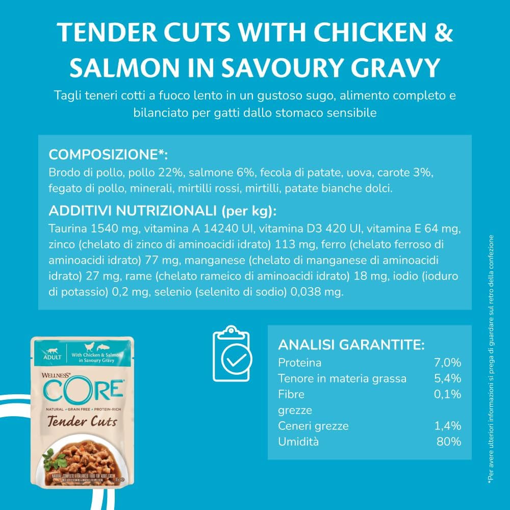 Wellness CORE Tender Cuts 6 x 85 g, Chicken Selection Mix - Natvoer voor katten, malse stukjes in saus, graanvrij, natuurlijk, hypoallergeen, rijk aan eiwitten, hoog vleesgehalte