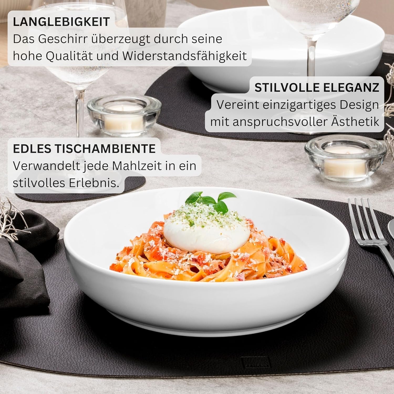 ZANGER | Marlo White Serviesset 24-delige Serviesset voor 6 personen met dessertborden, dinerborden, schalen en mueslischalen Porseleinen dinerbordenset Serviesgoed Modern design PREMIUM COLLECTIE