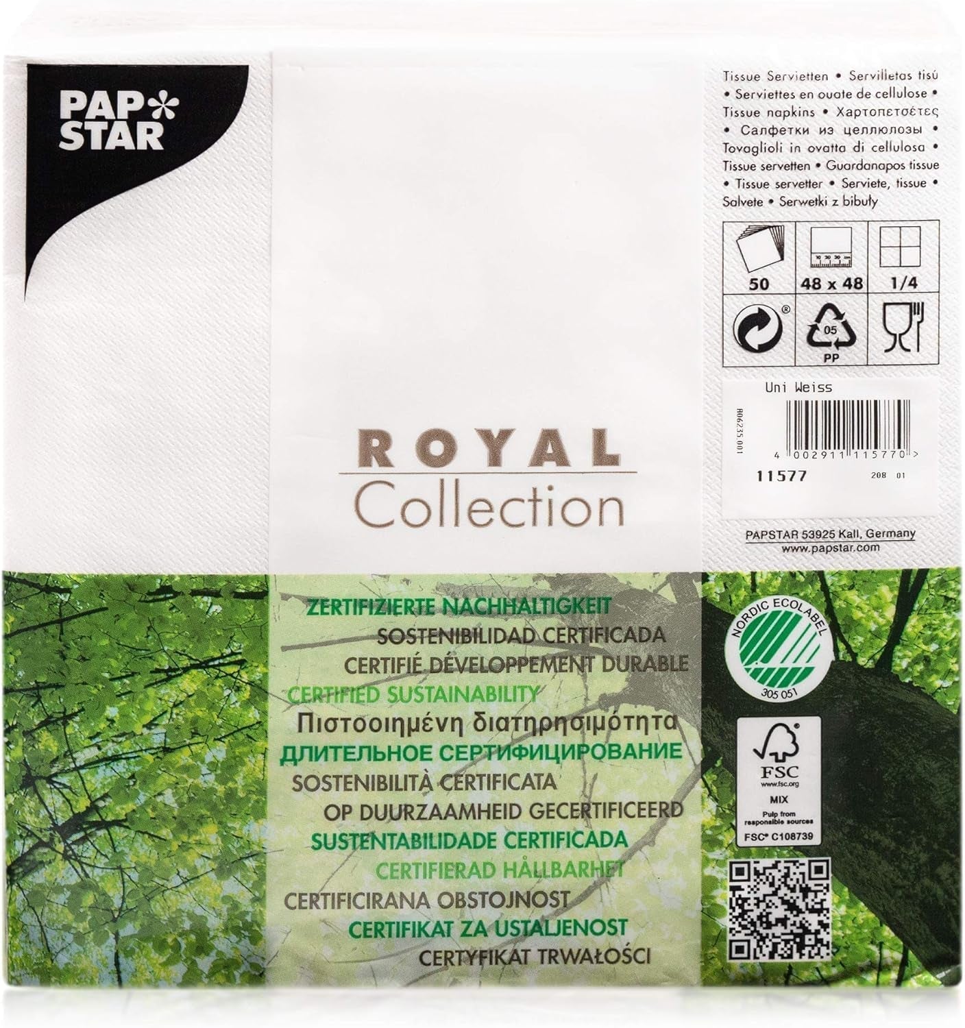 Papstar, 50 servetten "ROYAL Collection" 1/4-vouw 48 cm x 48 cm wit, #11577
