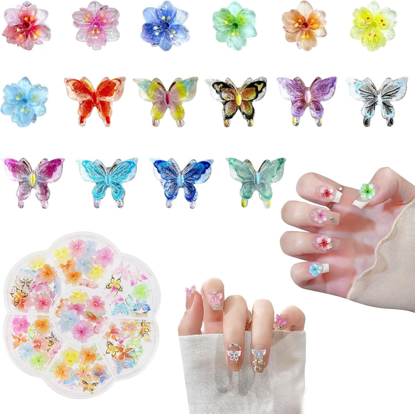 YICH Nail Charms Nägel Charms 50Stuks 3D Bloemen + 50Stuks 3D Schmetterling, Zomer Nägel Deko Set Schmetterling/Bloemen Nail Art Nailart