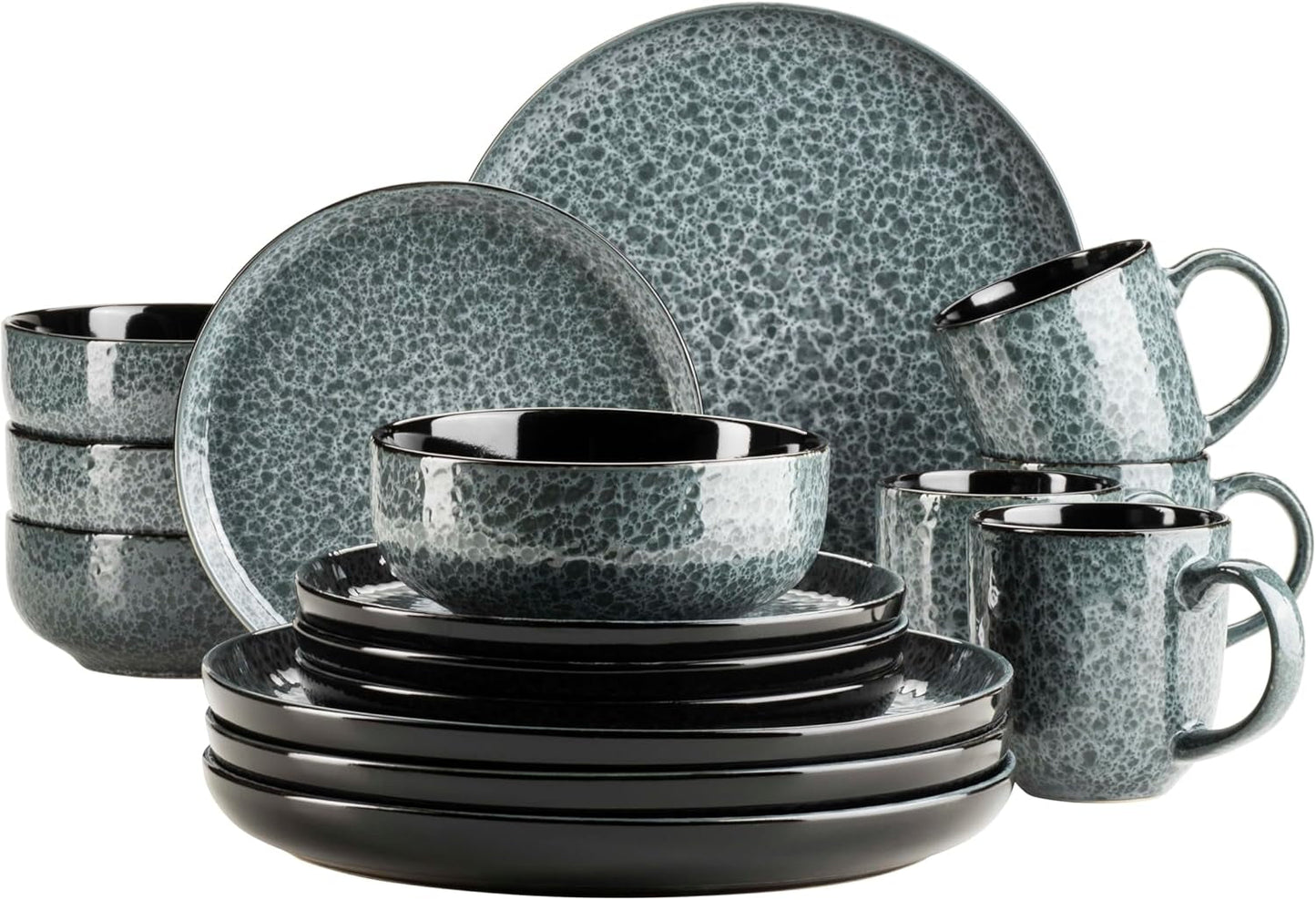 MÄSER 934110 Filippa serie, Keramisch servies voor 4 personen, Modern gecombineerd servies met 16-delig; Borden, schalen en kopjes met reactief glazuur in groen en zwart, Steengoed, Groen