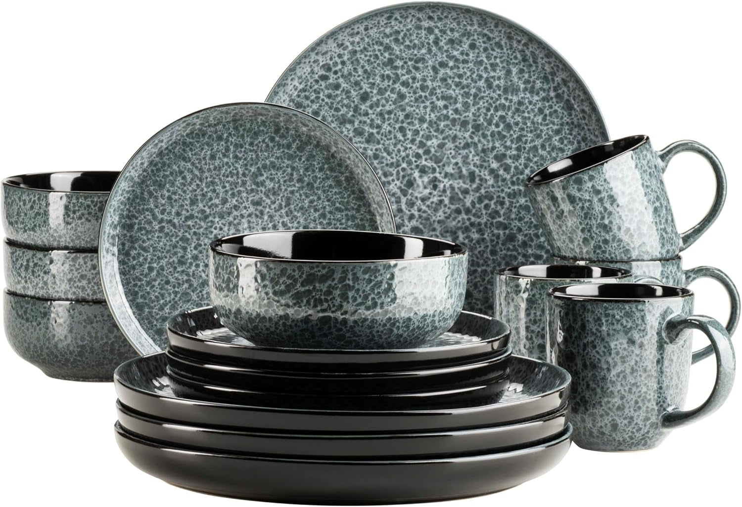 MÄSER 934110 Filippa serie, Keramisch servies voor 4 personen, Modern gecombineerd servies met 16-delig; Borden, schalen en kopjes met reactief glazuur in groen en zwart, Steengoed, Groen