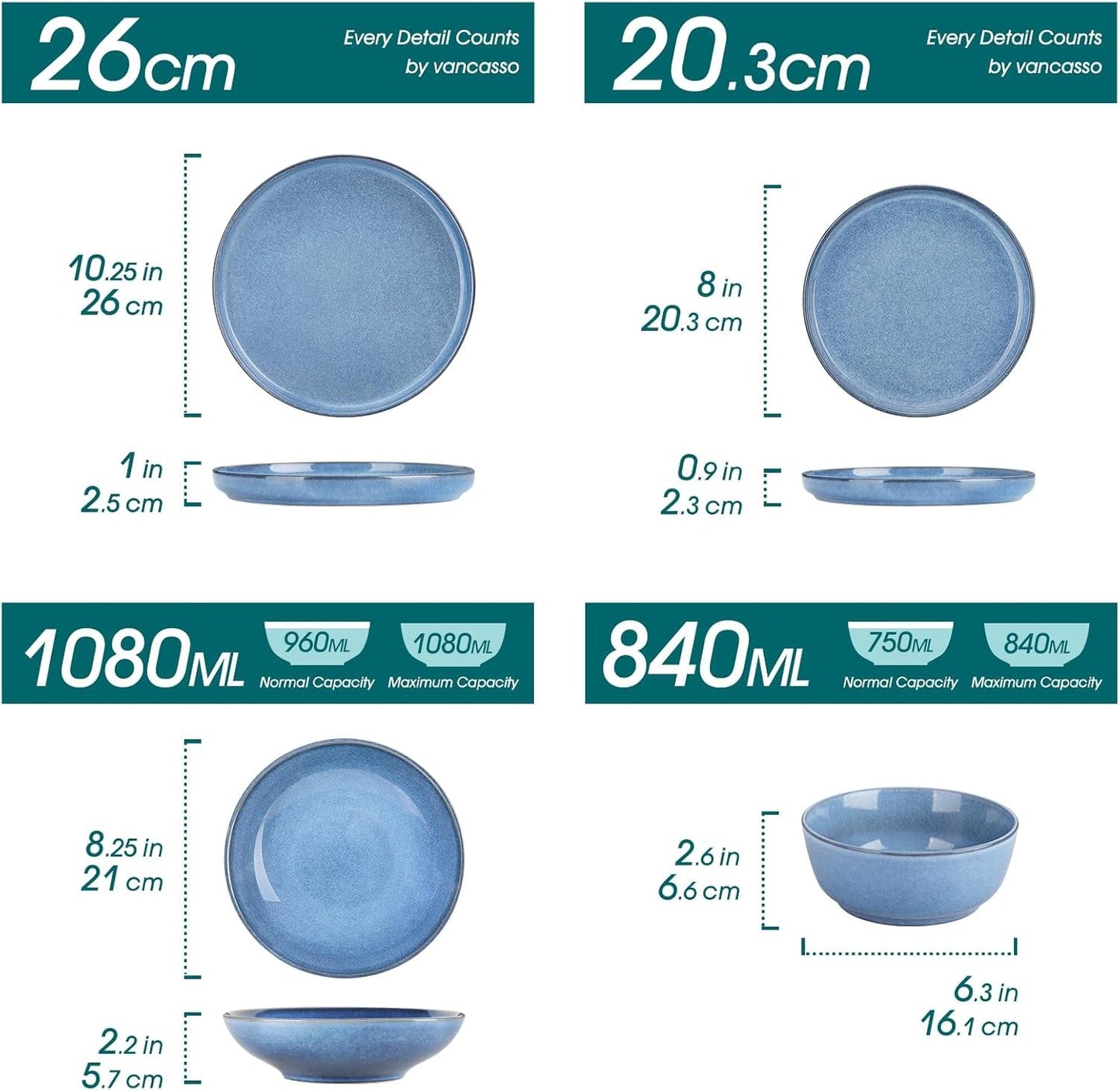 Steingut Geschirrset 6 Personen, vancasso ANYA Blau Teller Set Modern 24 teilig, Tafelservice mit Speiseteller, Suppenteller, Desserttellern, Schüsseln, Geschirr Set Spülmaschinen en Mikrowellenfest