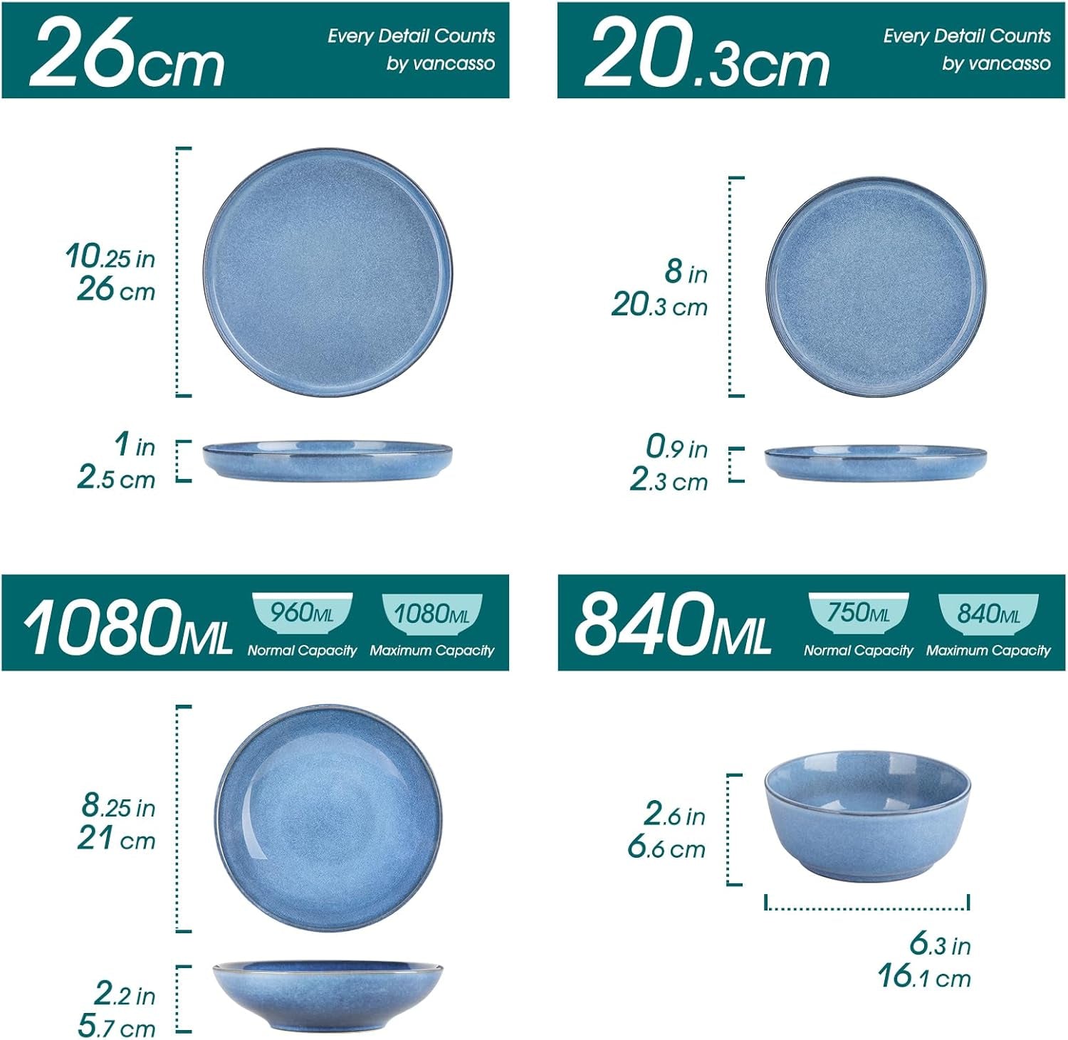 Steingut Geschirrset 6 Personen, vancasso ANYA Blau Teller Set Modern 24 teilig, Tafelservice mit Speiseteller, Suppenteller, Desserttellern, Schüsseln, Geschirr Set Spülmaschinen en Mikrowellenfest
