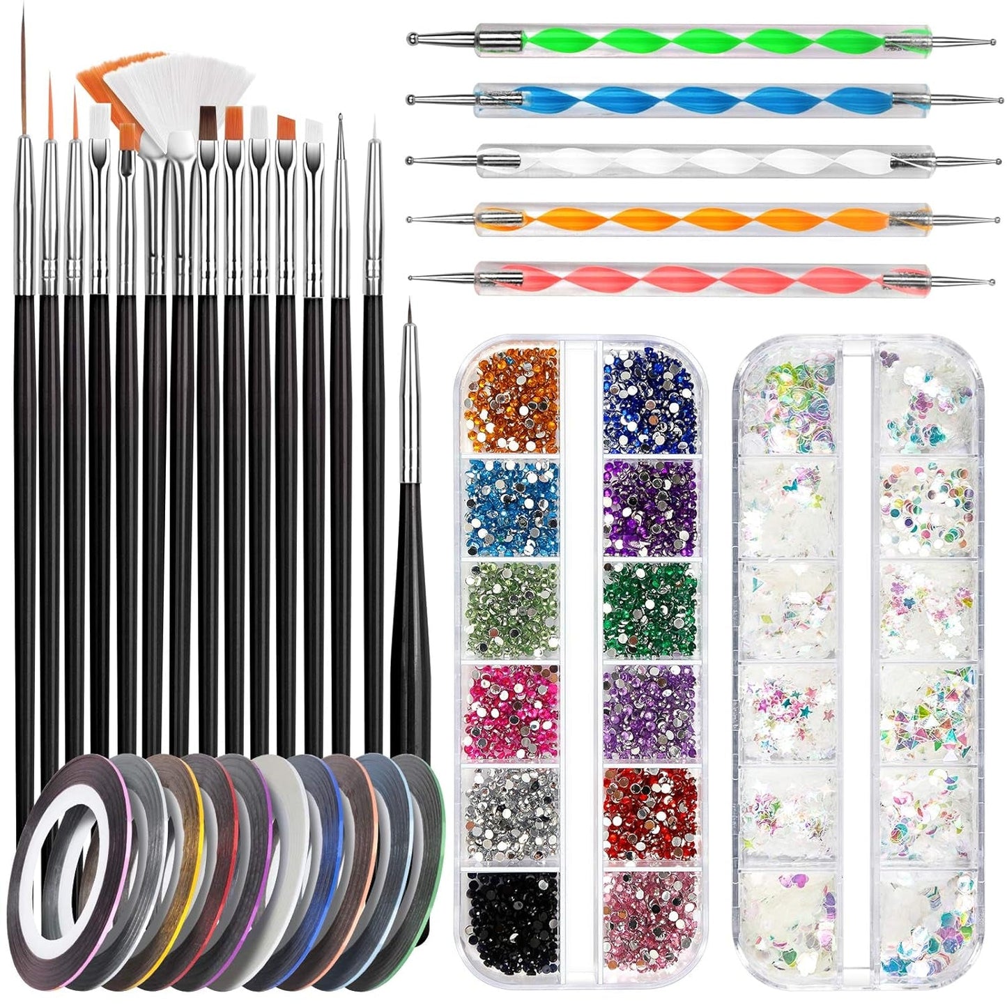 FANDAMEI Nail Art Brush Set, 15 Stücke Pinsel Für Gelnägel Nagel Pinsel, 5 Stücke Dotted Pen, 10 Rolle Streifenband Nägel, Strasssteine ​​​​Nägel, Ultra Dünn Nagel Pailetten voor Nagelkunst Maniküre Set
