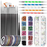 FANDAMEI Nail Art Brush Set, 15 Stücke Pinsel Für Gelnägel Nagel Pinsel, 5 Stücke Dotted Pen, 10 Rolle Streifenband Nägel, Strasssteine ​​​​Nägel, Ultra Dünn Nagel Pailetten voor Nagelkunst Maniküre Set