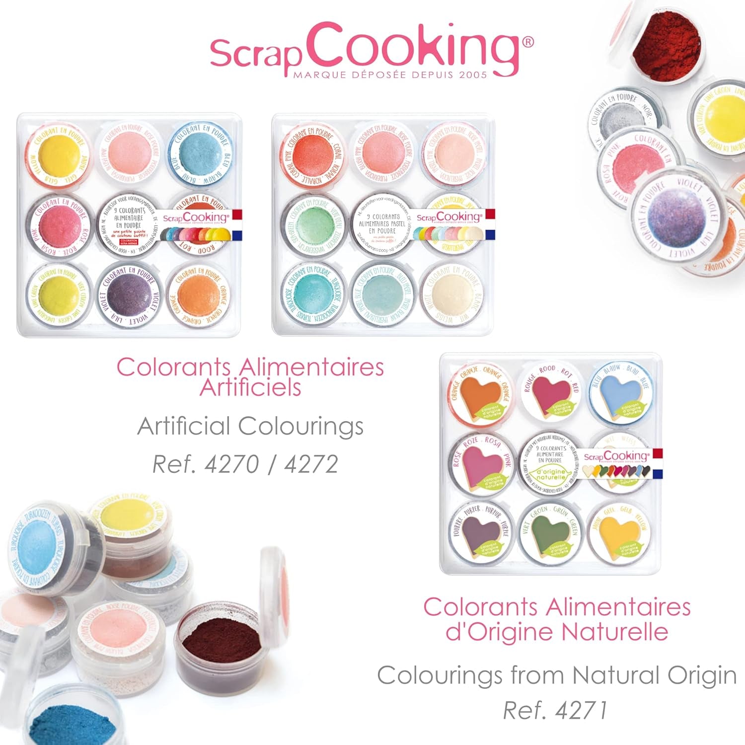 Scrapcooking - Set van 9 pastelkleurstoffen - Blauw, Geel, Koraal, Roze, Turkoois, Limoengroen, Wit, Aquagroen, Poederroze - Eetbare kleurpoeder voor cakes, muffins, macarons - 4272