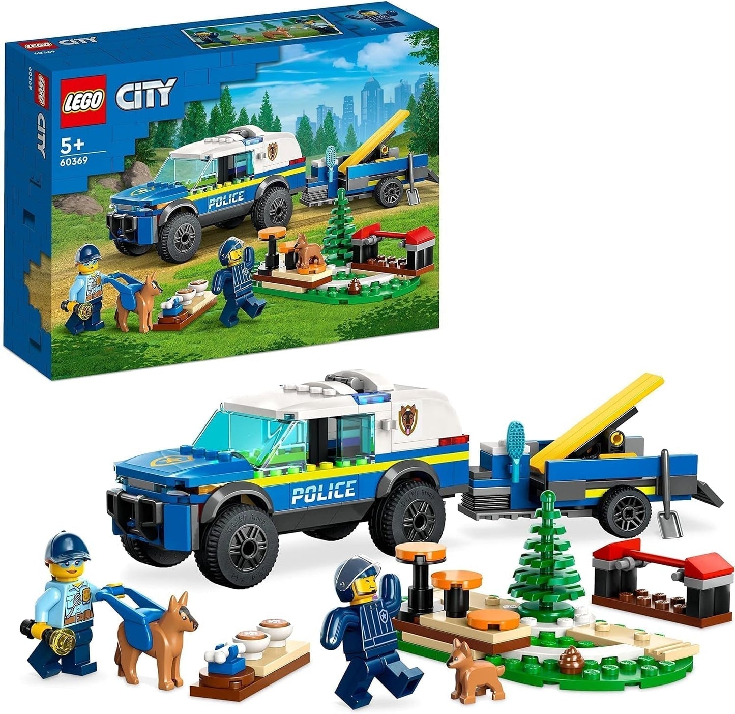 LEGO 60369 City Mobiele politiehondentrainingsspeelgoed Politieauto met aanhanger Honden- en puppyfiguren Dierenset voor kinderen vanaf 5 jaar Bouwsets Besuche in LEGO-Store Single