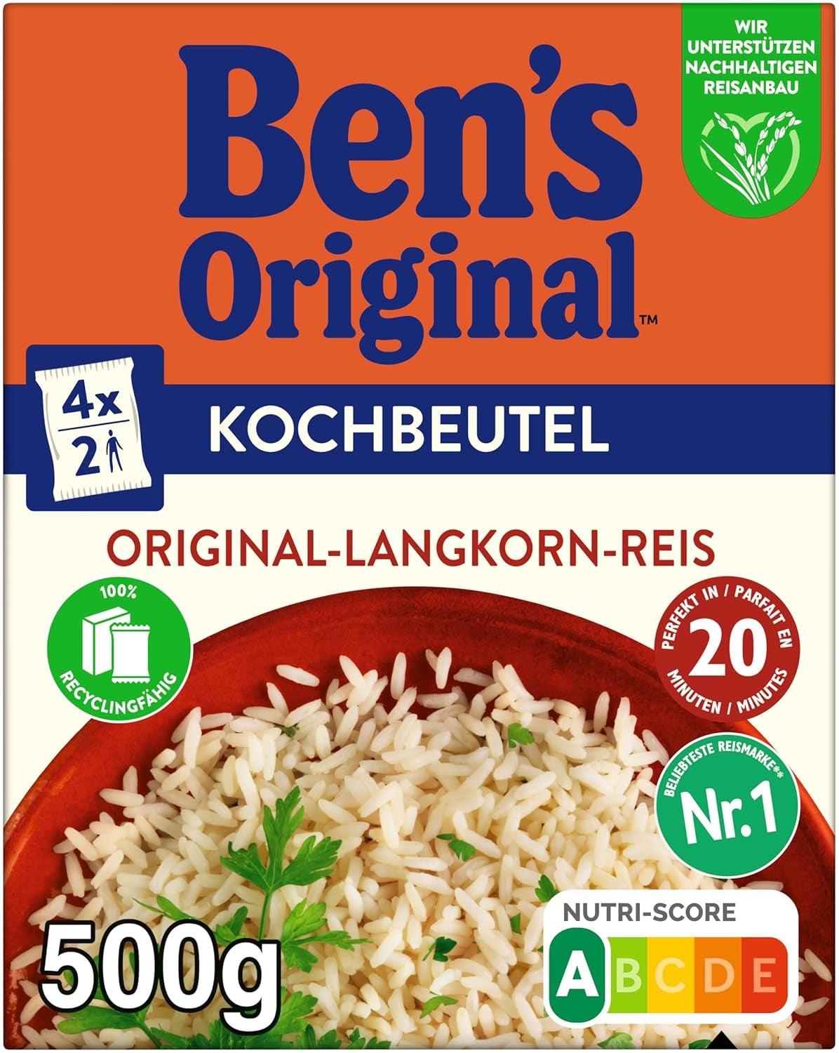 BEN'S ORIGINAL™ langkorrelige rijst, gekookt in zak, 9 x 500 g, 20 minuten