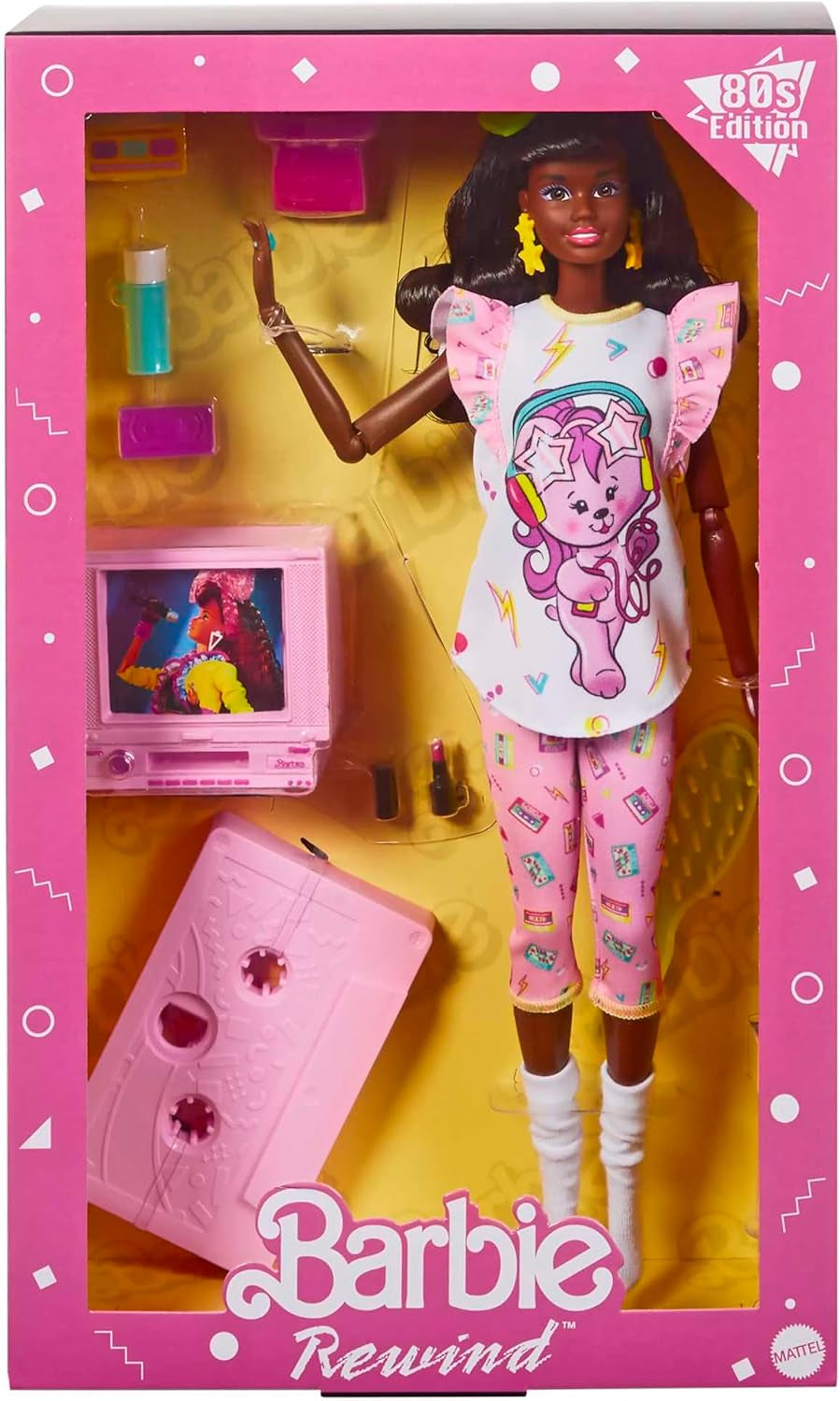 Barbie Rewind - Nostalgisch verzamelfiguur in jaren 80-stijl met prachtig haar en outfit, inclusief tv, popcorn en telefoon, voor fans en verzamelaars, HJX19
