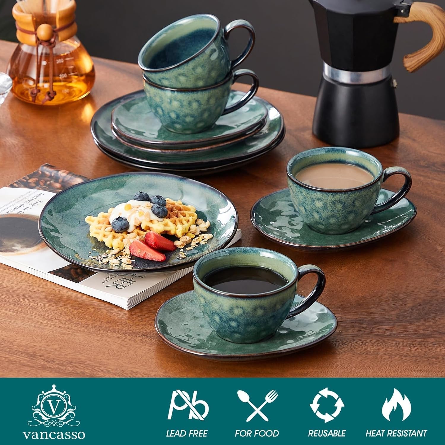 Vancasso steengoed koffieservies STARRY 12-delige koffieset voor 4 personen inclusief koffiekopjes en schotels vintage look