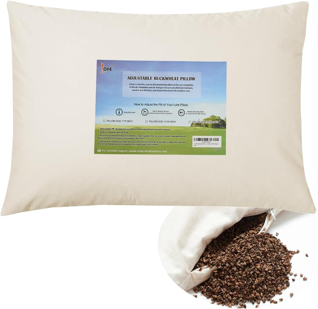 LOFE Biologisch Boekweit Slaapkussen 35,6 X 50,8 cm Verstelbaar Ademend Koele Slaap Cervicale Ondersteuning voor Rug- en Zijslapers (Tartaire Boekweitdoppen) Naty Shop Standaard Kussens Crèmekleur Japanse Maat (14X20 Inch)