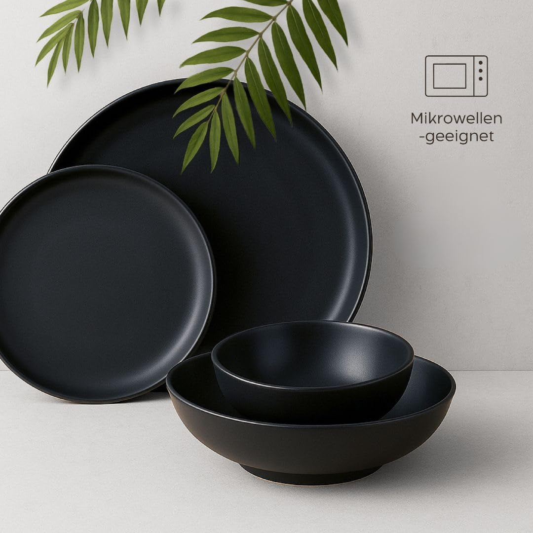 Steengoed bordenset voor 6 personen - Matzwarte 6-delige set Grote magnetronbestendige borden Elegant ontwerp - Twinzee Ebony Collection