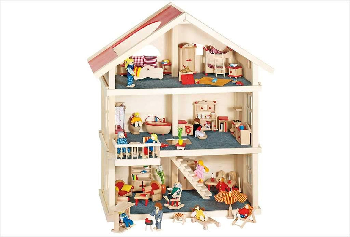 51957 Houten poppenhuis, 65 x 35 x 87,5 cm - Groot houten poppenhuis, 3 verdiepingen, open ontwerp, rood dak, trappen en balkon voor creatief rollenspel, poppenhuisspeelwereld