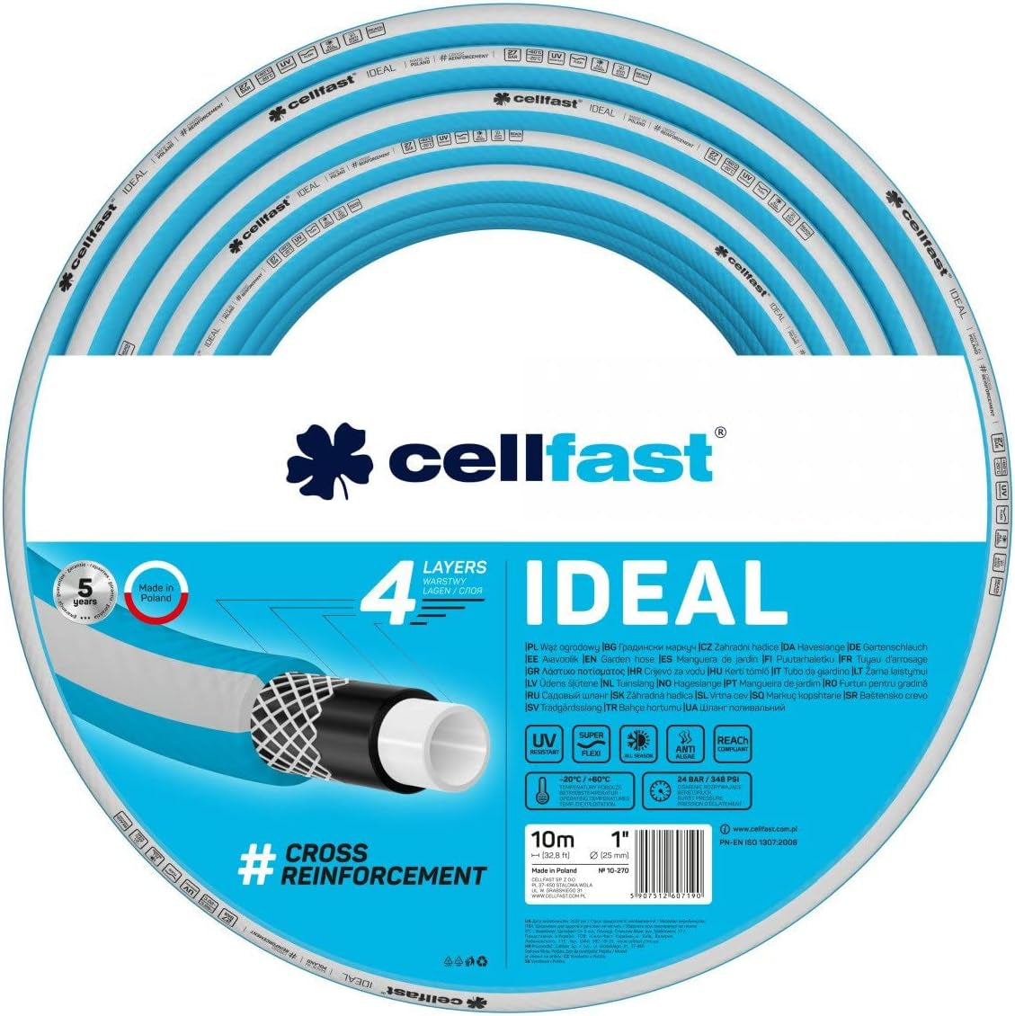 Tuinslang Cellfast IDEAL, Duurzaam, Flexibel, 4 lagen, Duurzaam kruisvlechtwerk, UV- en algenbestendig, REACH technologie, 27 bar, -20/+60° korte termijn 1", 10m