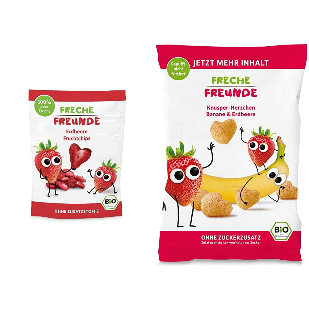 100% Aardbei Biologische Fruitchips Gevriesdroogde Aardbeienchips, verpakking van 12 (12 x 12 g) en Crispy Hearts Banana & Strawberry Biologische kinder- en babysnack (9 x 30 g) 270 g
