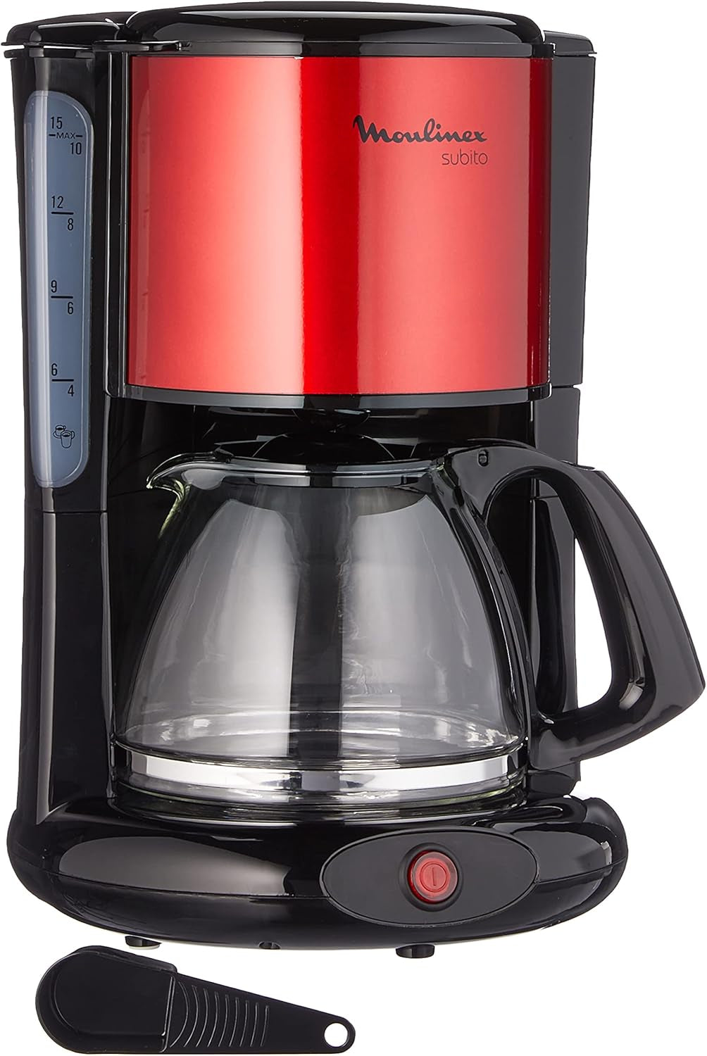 Subito Espressomachine met filter, glazen karaf, 10-15 kopjes, capaciteit 1,25 liter, automatische uitschakelfunctie, verwijderbaar filter, waterniveau-indicator, roestvrij staal, rood/zwart, FG360D