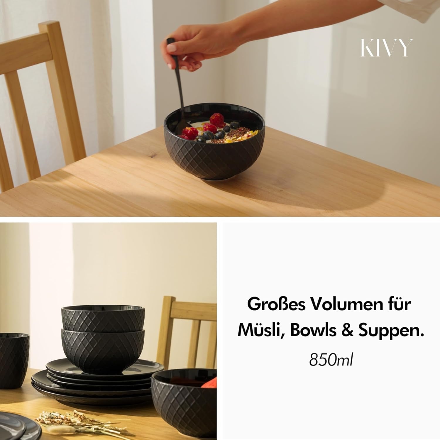 KIVY Granenkommenset - 6 x 850 ml - Grote soep- en papkommen - Soepkom - Kom - Graankommen - Soepkommen - Kommenset - Keramische ontbijtgranenkom (Crèmewit, Kommen)