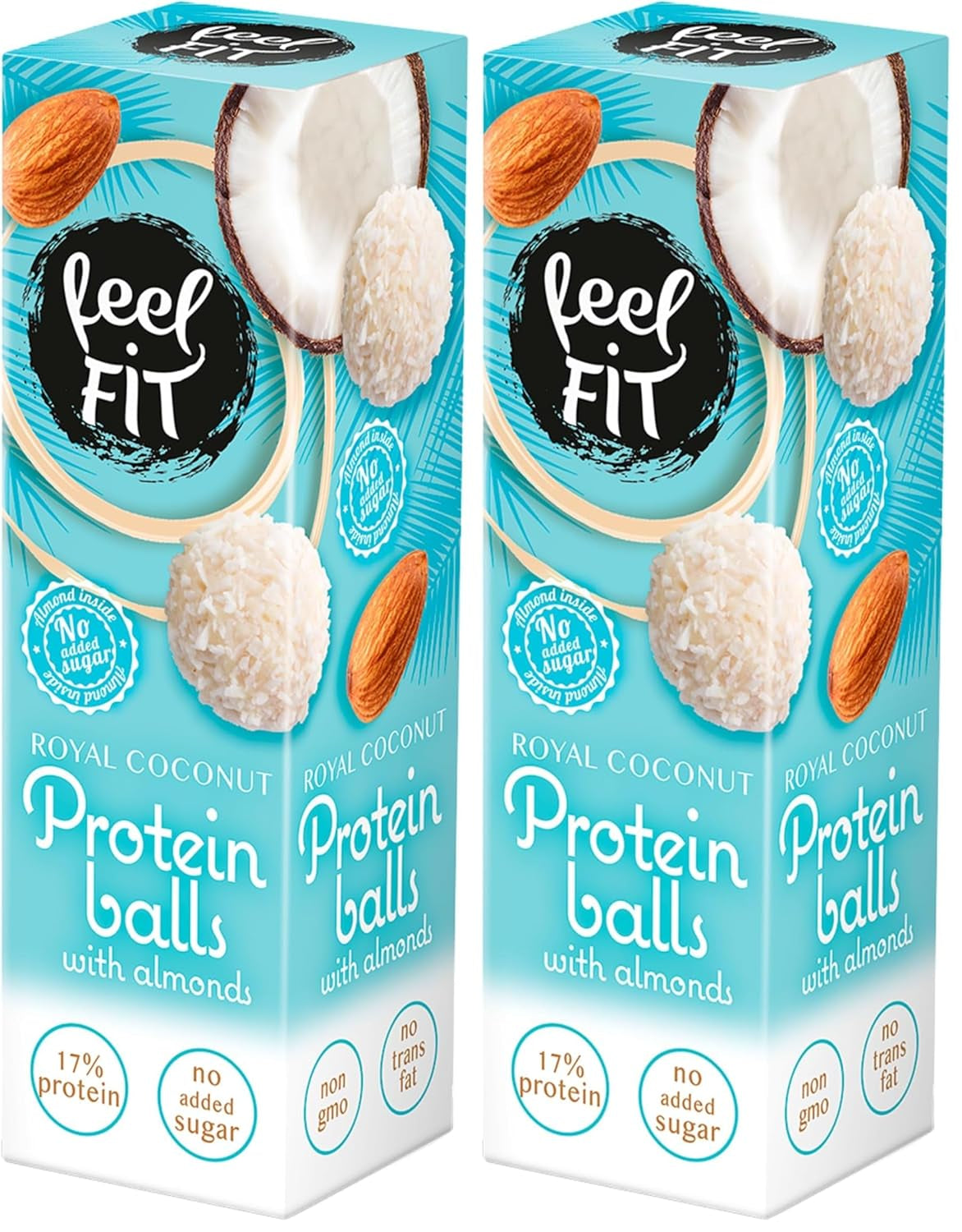 Suikervrije kokospralines met amandelen, feel FIT, geen toegevoegde suikers, 17% eiwit, 63 g