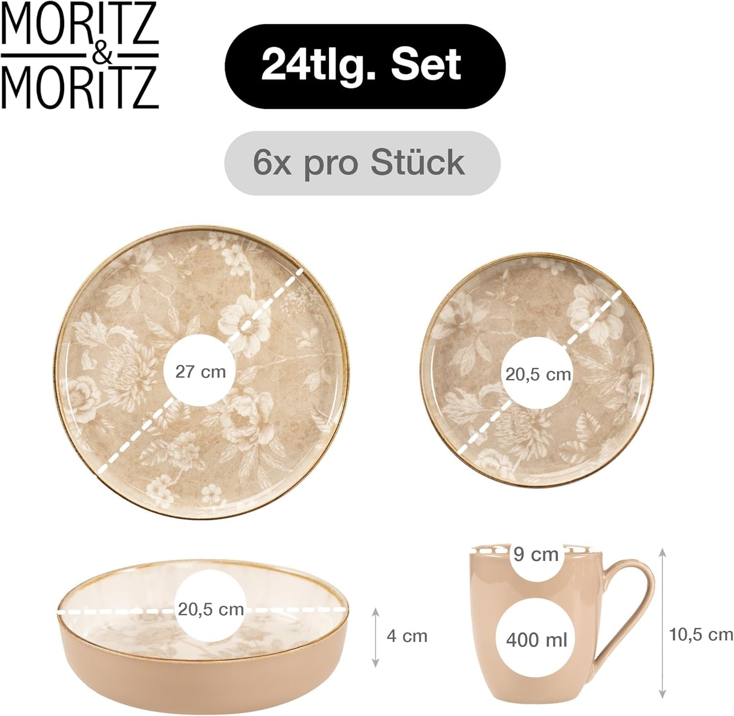 Moritz & Moritz MARIELLA 6-persoons 24-delige steengoed serviesset - Modern beige servies met speels design, onderhoudsvriendelijk koffieservies met borden, schalen en kopjes - Combinatieset