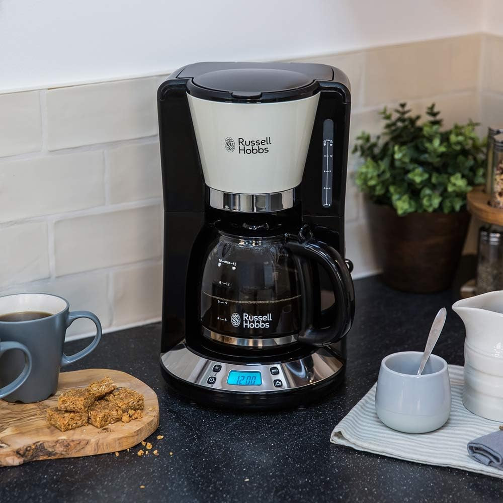 Russell Hobbs koffiezetapparaat [digitale timer, douchekop voor optimale extractie en aroma] Colors+ Creme (1 tot 10 kopjes, glazen karaf van 1,25 liter, verwarmingsplaat, 1100 W) Filterkoffiezetapparaat 24033-56