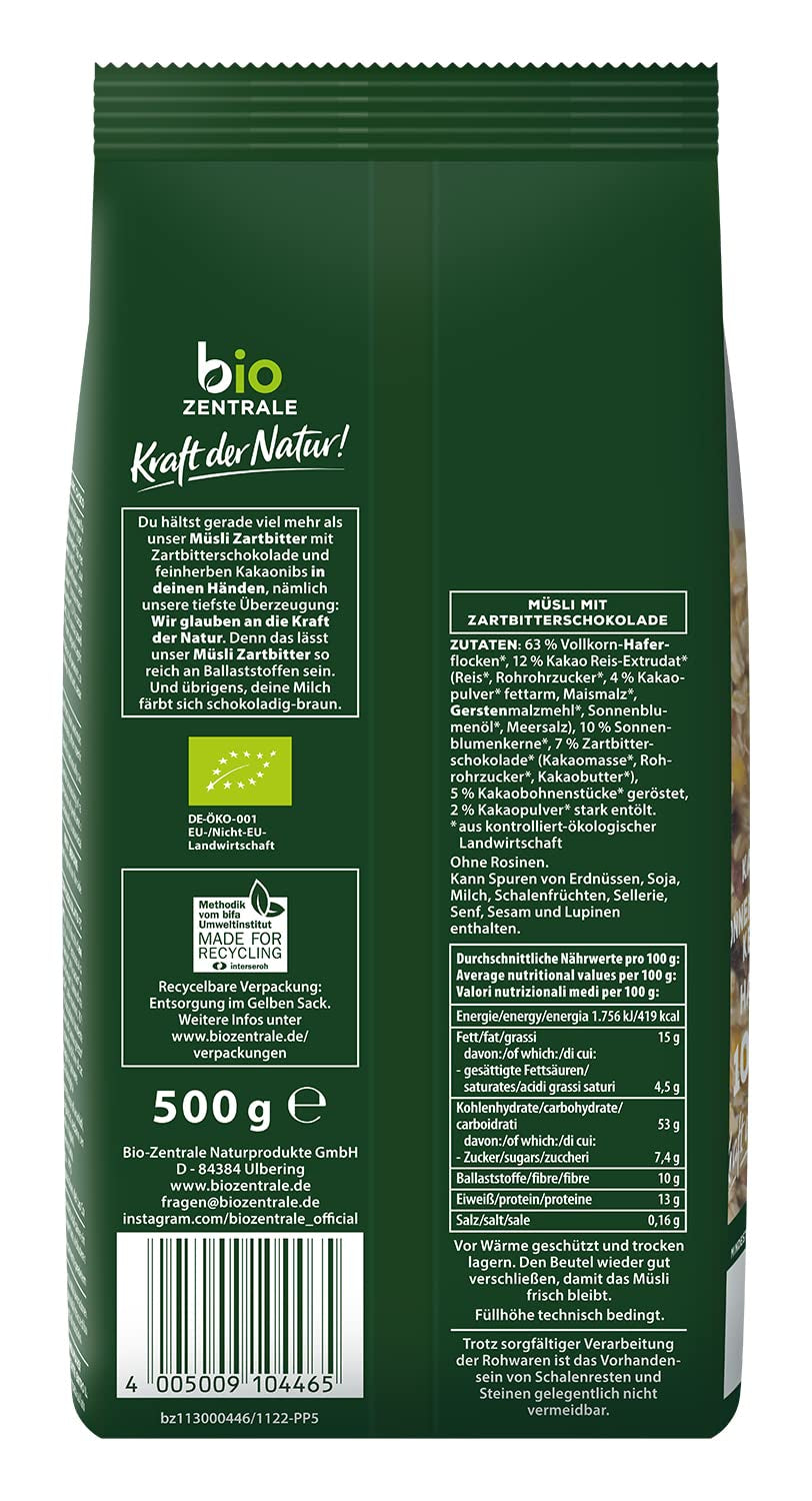 Biocentrale Muesli met pure chocolade | 500g Biologisch Veganistisch | Ideaal voor het ontbijt en je kopje meeneemmuesli | Alternatief voor mueslirepen