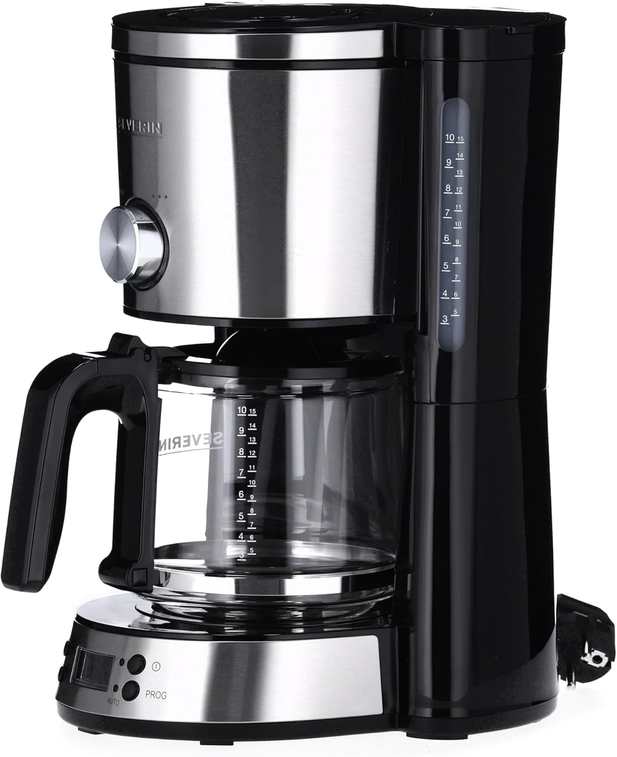 SEVERIN "TypeSwitch" espressomachine met glazen karaf en timer, AromaSwitch voor het kiezen van 2 zetopties, digitale klok met timerfunctie, voor maximaal 10 kopjes, 1000W, geborsteld roestvrij staal-zwart, KA 4826