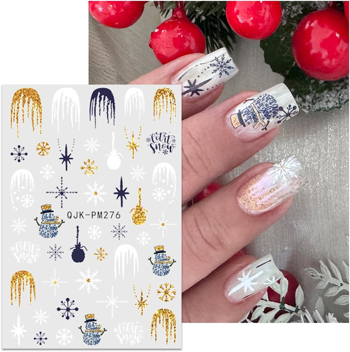 JMEOWIO Nagelsticker Weihnachten 10 Blatt Nail Art Sticker Selbstklebend Nagelaufkleber Glitter Schneeflocke Xmas Winter Urlaub Gold Decoratie Nageldesign Zubehör