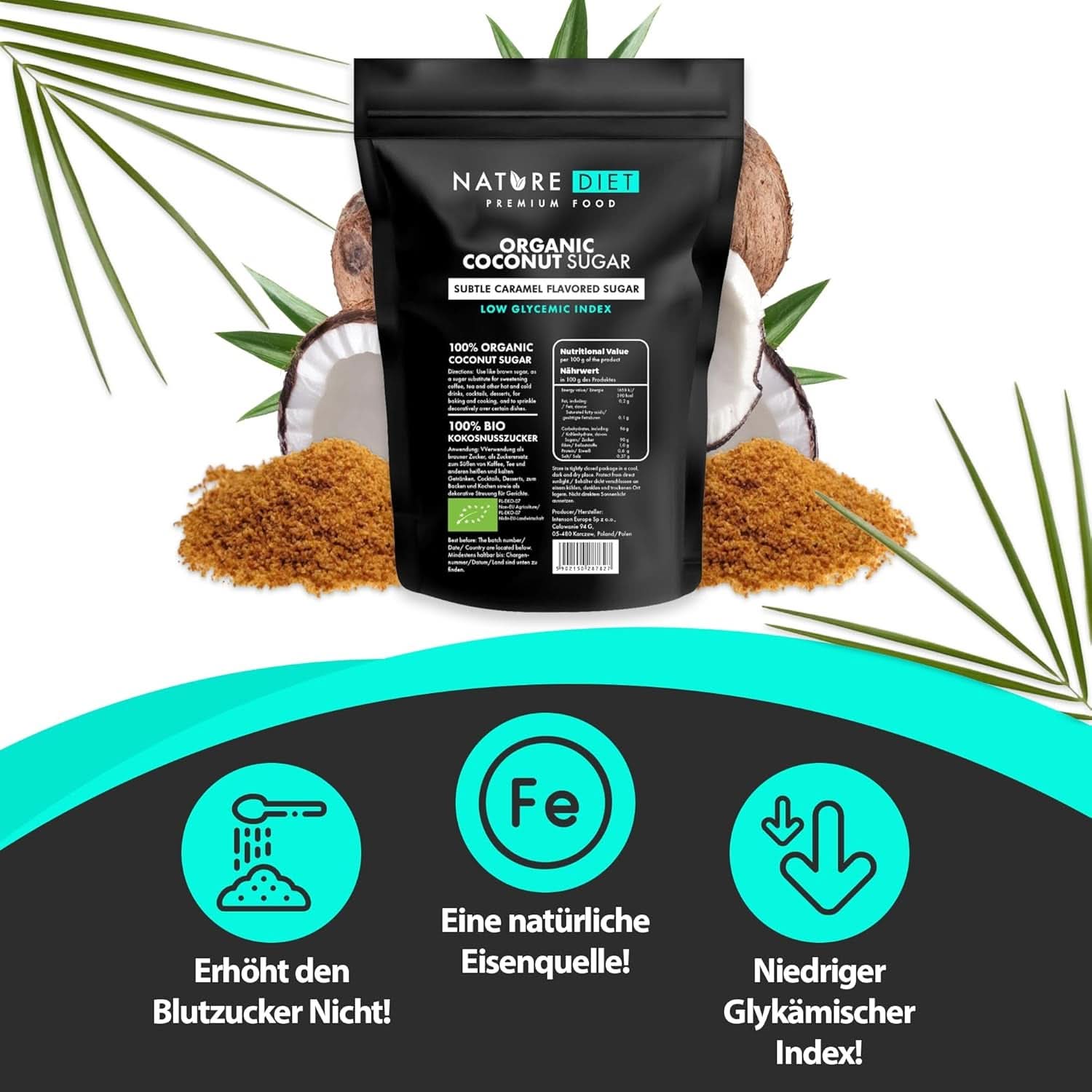 Biologische kokossuiker, karamelsmaak, 1,5 Kg Zoetstoffen Naty Shop
