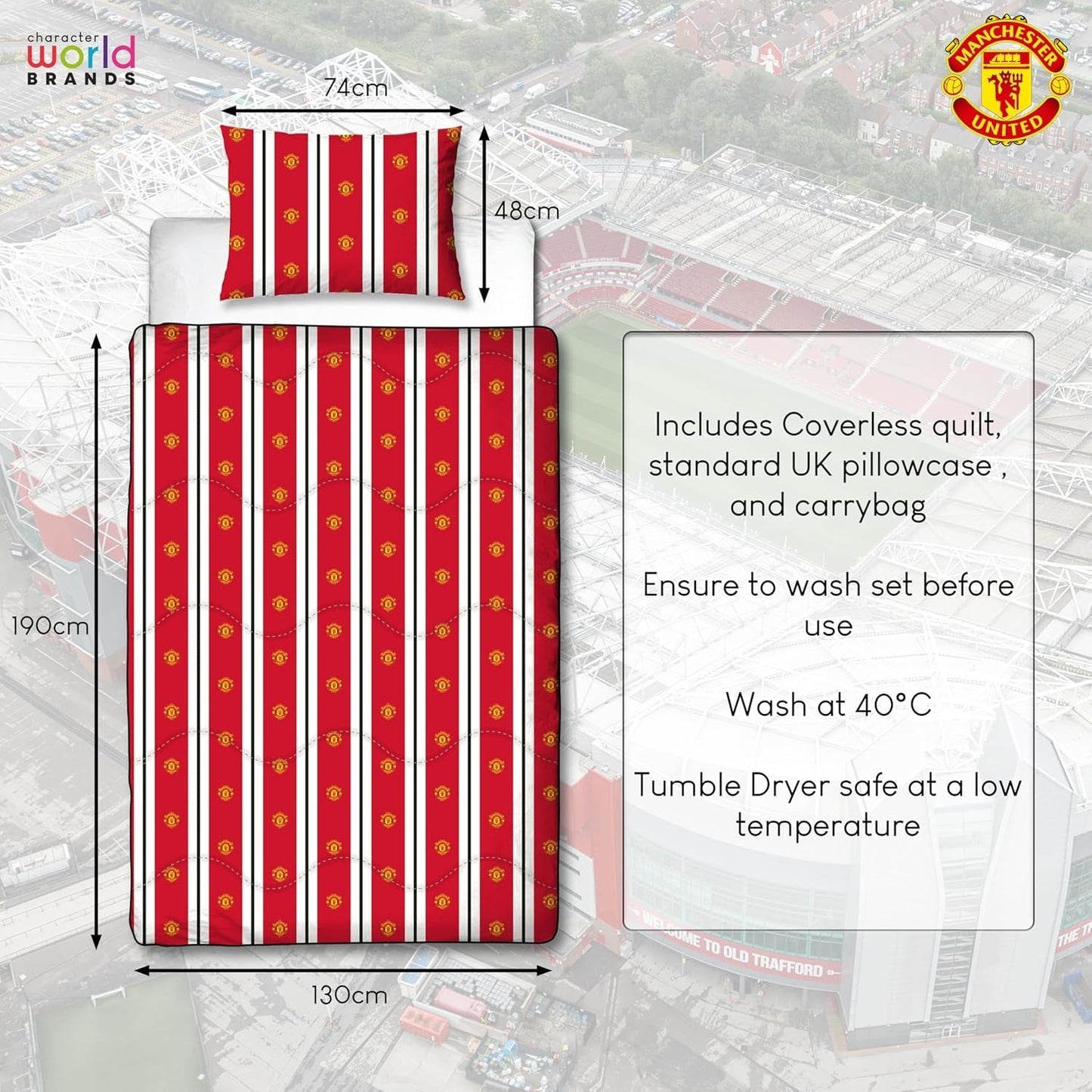 Manchester United FC officieel eenpersoonsdekbed, omkeerbaar, rood en wit, hoesloos, voetbaldekbed, kussensloop, wasbaar, perfect voor reizen, overnachtingen, 10,5 Tog dekbedden en quilts Naty Shop