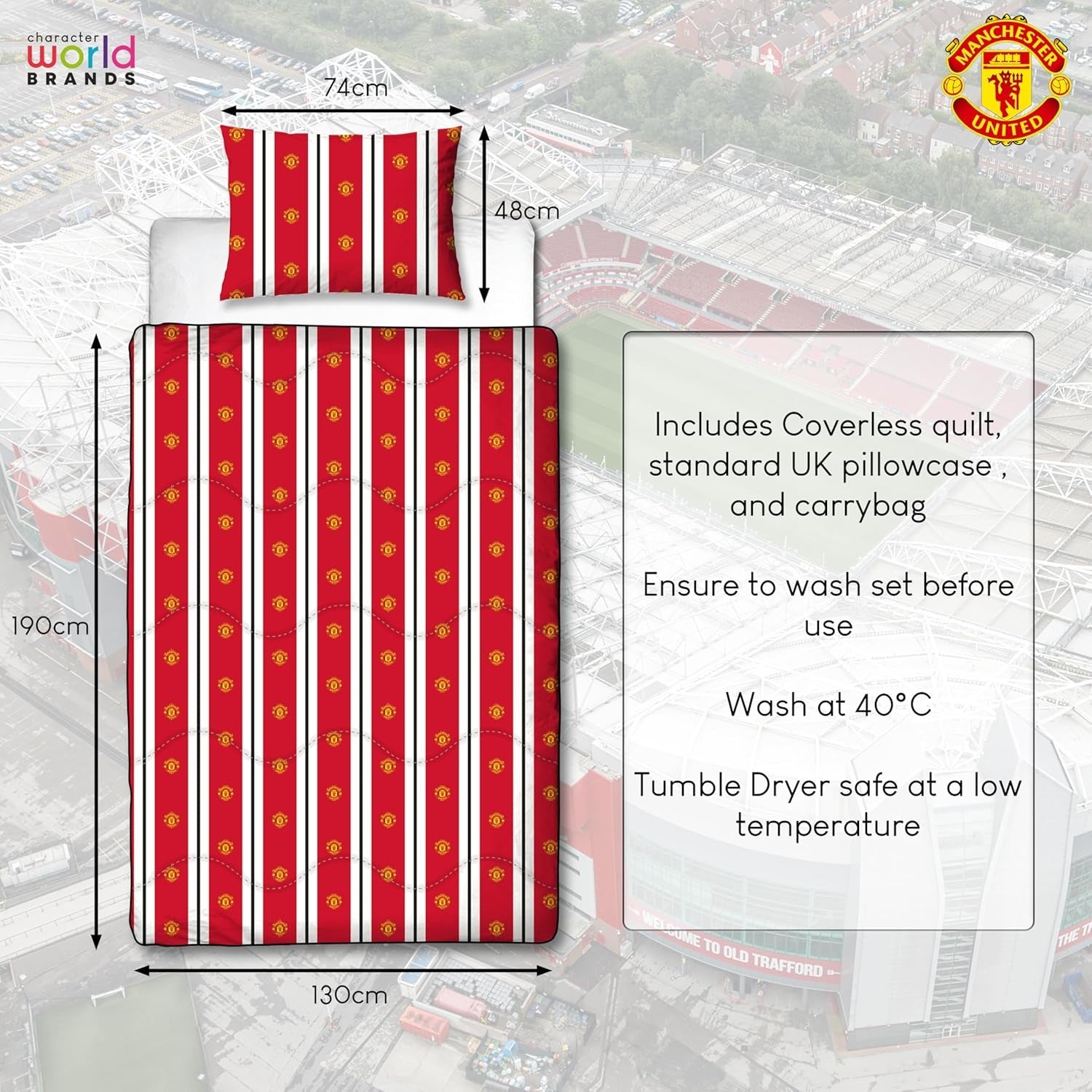 Manchester United FC officieel eenpersoonsdekbed, omkeerbaar, rood en wit, hoesloos, voetbaldekbed, kussensloop, wasbaar, perfect voor reizen, overnachtingen, 10,5 Tog dekbedden en quilts Naty Shop