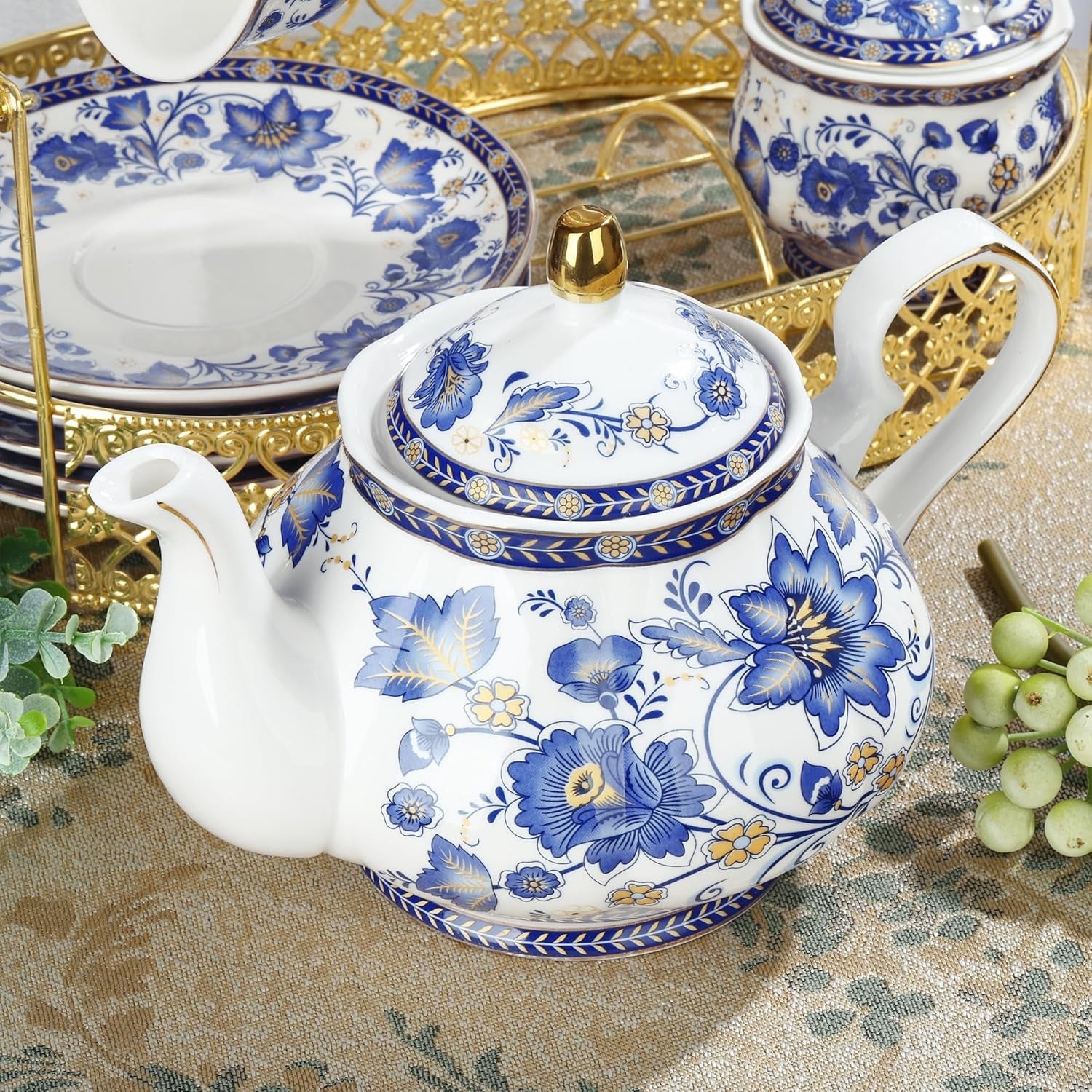 Fanquare porseleinen theeservies met blauwe bloem en metalen standaard Vintage porseleinen koffiekop en schotel Engelse koffieset voor volwassenen