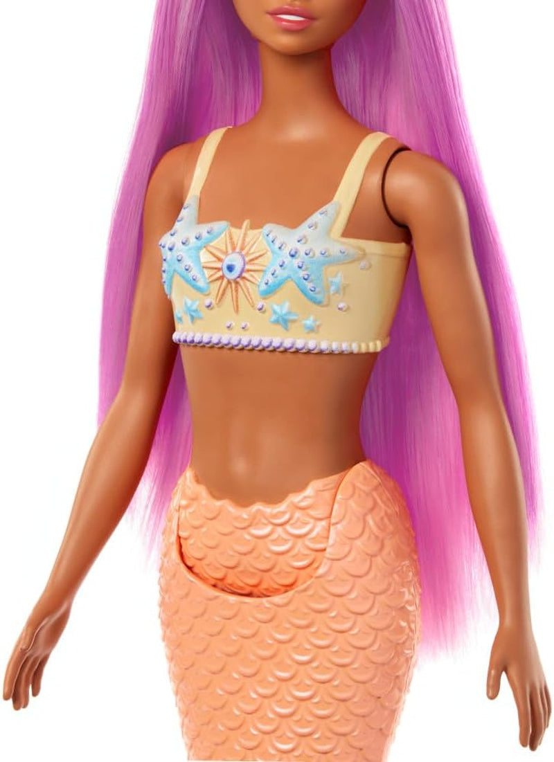 Zeemeermin-Barbiepop met prachtig roze haar en hoofdband, pop met zeesterrenhoofd en zachte oranje staartvin, HRR05