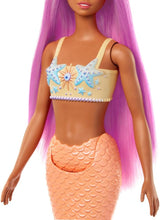 Zeemeermin-Barbiepop met prachtig roze haar en hoofdband, pop met zeesterrenhoofd en zachte oranje staartvin, HRR05