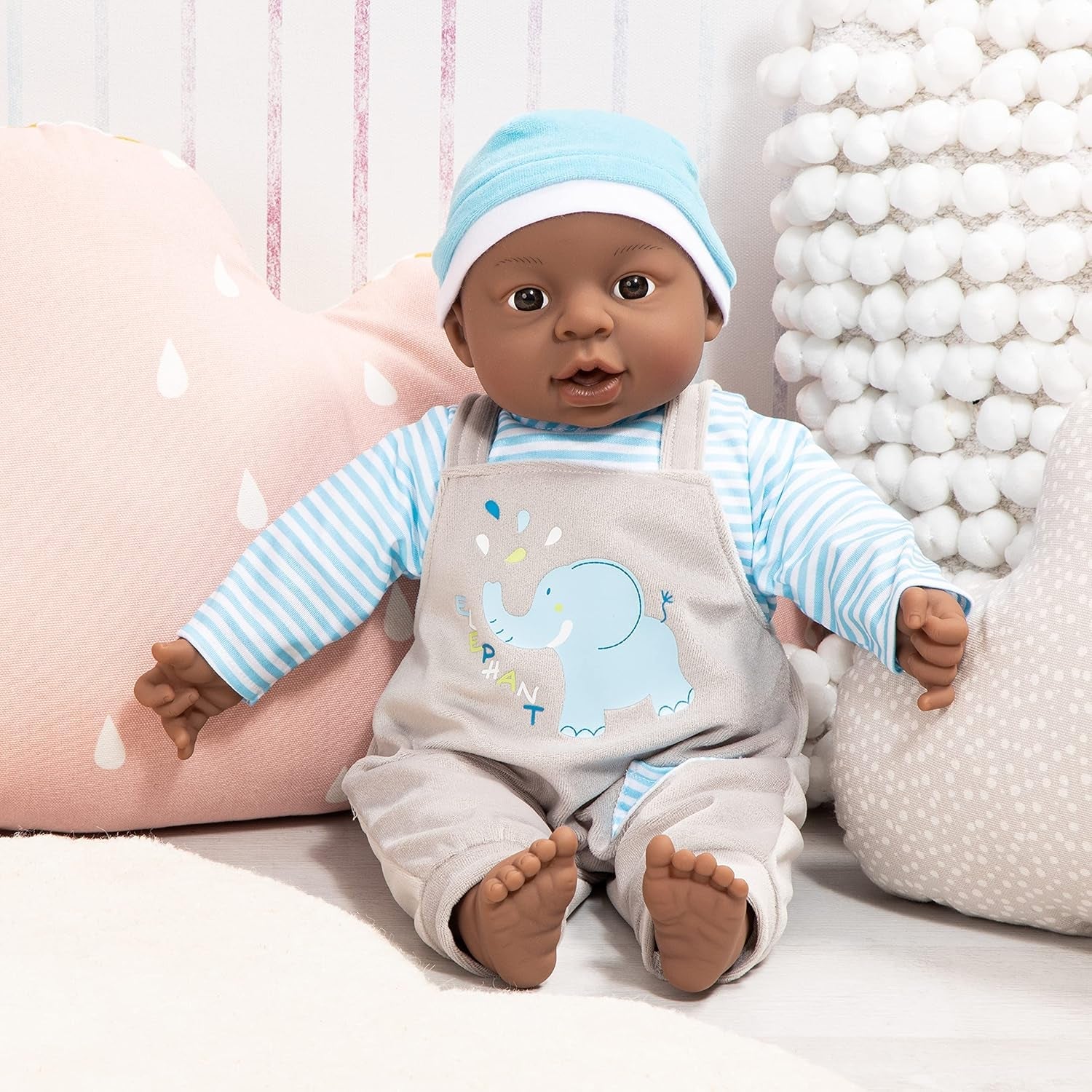 Bayer Design 94001AH interactieve babypop, jongen, praten, zacht lichaam, 40 cm, donker leer, blauw
