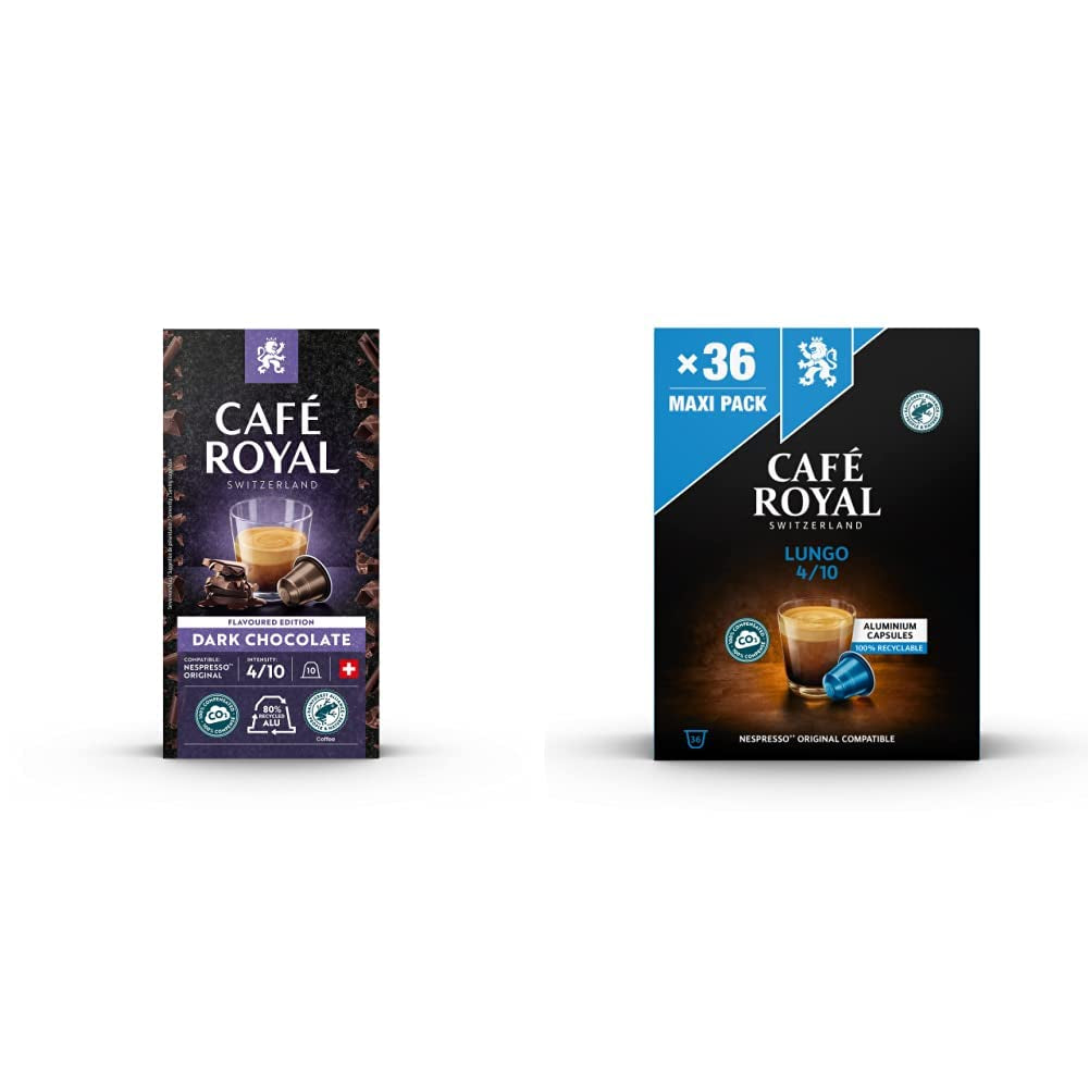 Café Royal Dark Chocolate Flavoured 100 Kapsels voor Nespresso Kaffee Machine - 4/10 Intensiteit - UTZ-zertifiziert, aus Aluminium & Lungo 36 Kapsels voor Nespresso Kaffee Machine - 4/10 Intensiteit