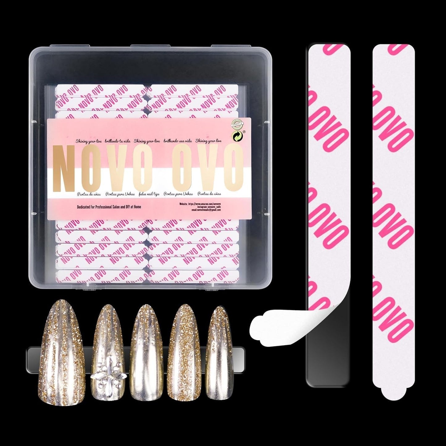 NOVO OVO 360 stuks gemakkelijk af te scheuren druk op nageldisplay zelfklevend vel helder dubbelzijdig nagelkunstbevestiging / verpakking / opslag / praktijk / accessoires, 30 stuks x 12 vellen