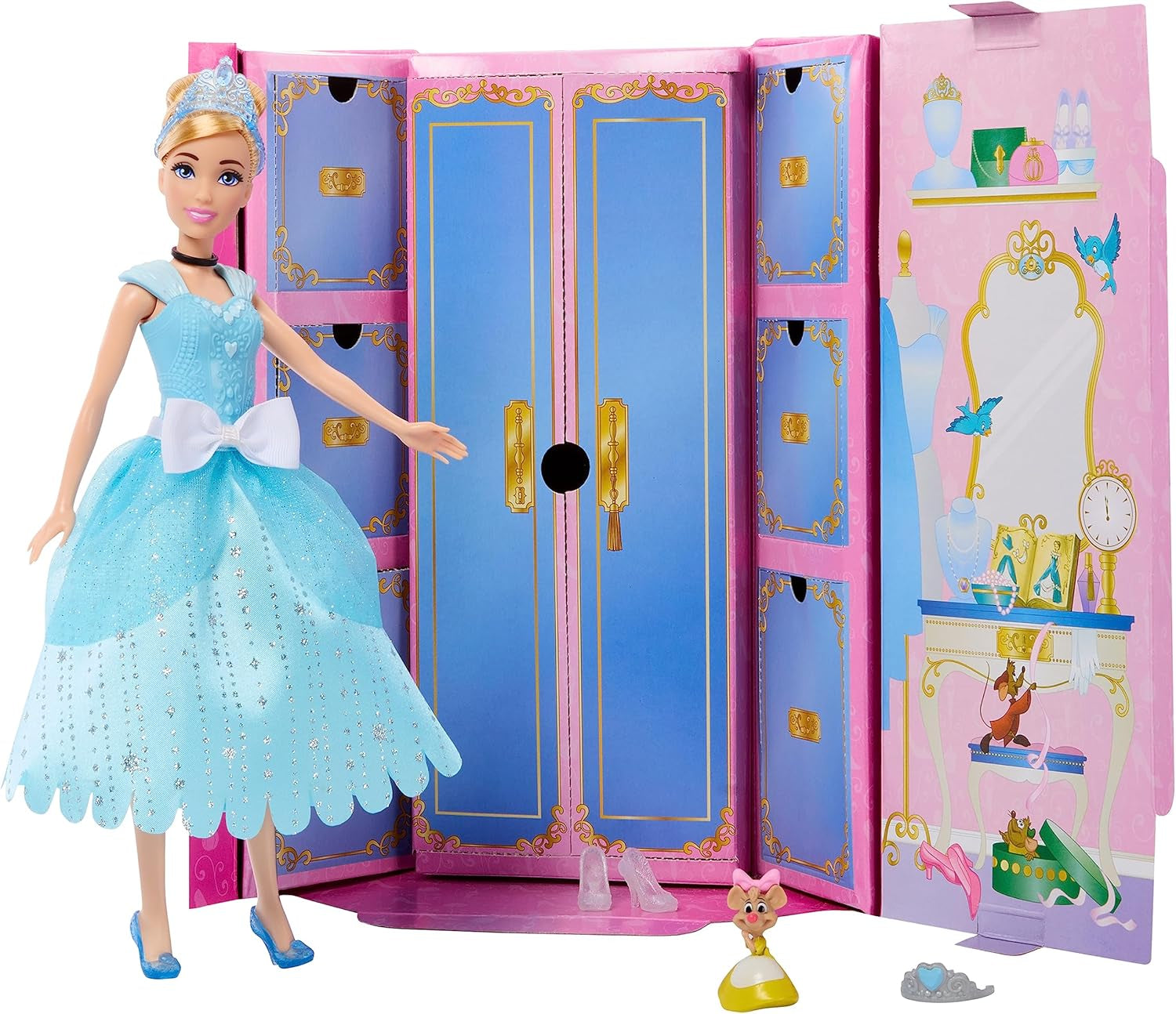 Mattel DISNEY Prinses Assepoester - Beweegbare pop met sprankelende outfit, afneembare schoenen en tiara, kambaar haar voor kappersplezier, voor kinderen vanaf 3 jaar, HLW06 Naty Shop Dolls Assepoester poppenmodeset